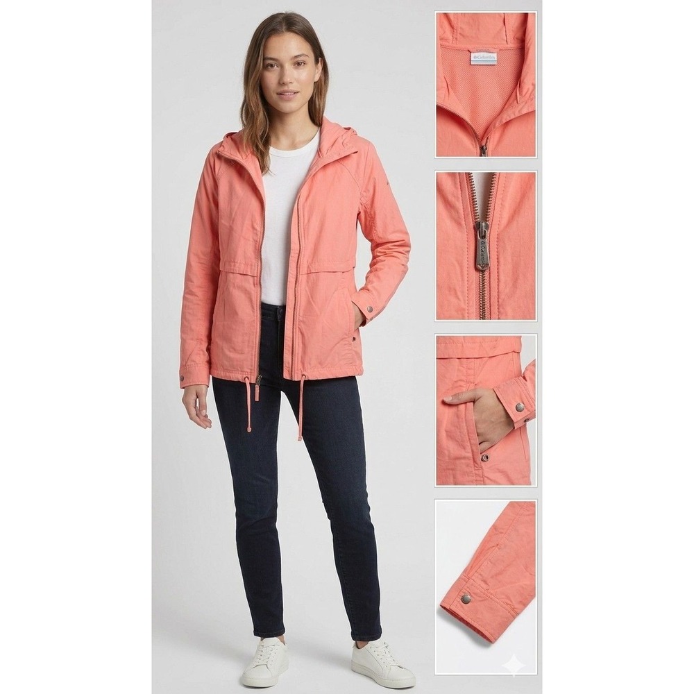 Columbia Womens Coral Pink Hooded Full Zip Windbreaker Jacket Size Large RN69724